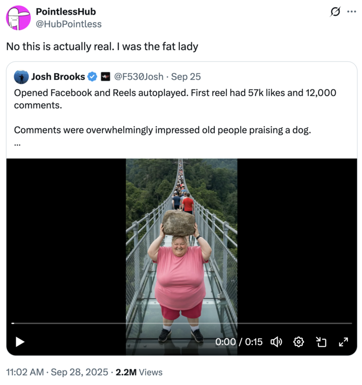 No this is actually real. I was the fat lady A "tweet":https://knowyourmeme.com/memes/sites/twitter-x about the "AI Video":https://knowyourmeme.com/memes/cultures/ai-video of a woman breaking a glass bridge by jumping backward with a big rock.