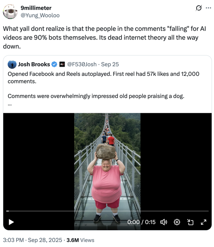 What yall dont realize is that the people in the comments "falling" for AI videos are 90% bots themselves. Its dead internet A "tweet":https://knowyourmeme.com/memes/sites/twitter-x about the "AI Video":https://knowyourmeme.com/memes/cultures/ai-video of a woman breaking a glass bridge by jumping backward with a big rock.