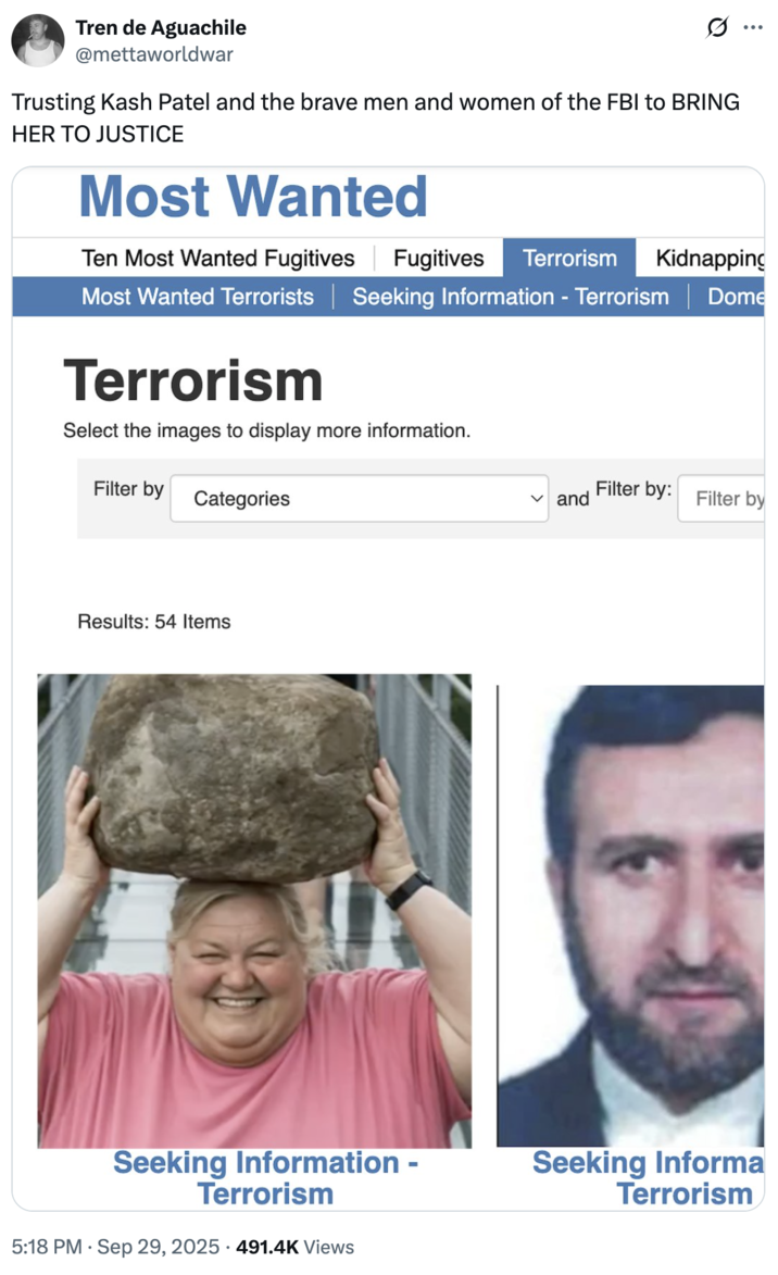Trusting Kash Patel and the brave men and women of the FBI to BRING HER TO JUSTICE A "tweet":https://knowyourmeme.com/memes/sites/twitter-x about the "AI Video":https://knowyourmeme.com/memes/cultures/ai-video of a woman breaking a glass bridge by jumping backward with a big rock.