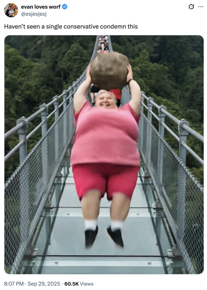 Haven’t seen a single conservative condemn this A "tweet":https://knowyourmeme.com/memes/sites/twitter-x about the "AI Video":https://knowyourmeme.com/memes/cultures/ai-video of a woman breaking a glass bridge by jumping backward with a big rock.