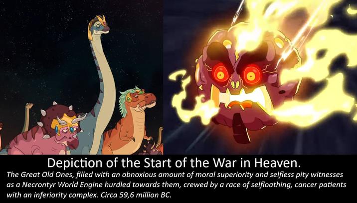 Depiction of the Start of the War in Heaven. The Great Old Ones, filled with an obnoxious amount of moral superiority and selfless pity witnesses as a Necrontyr World Engine hurdled towards them, crewed by a race of selfloathing, cancer patients with an inferiority complex. Circa 59,6 million BC.
