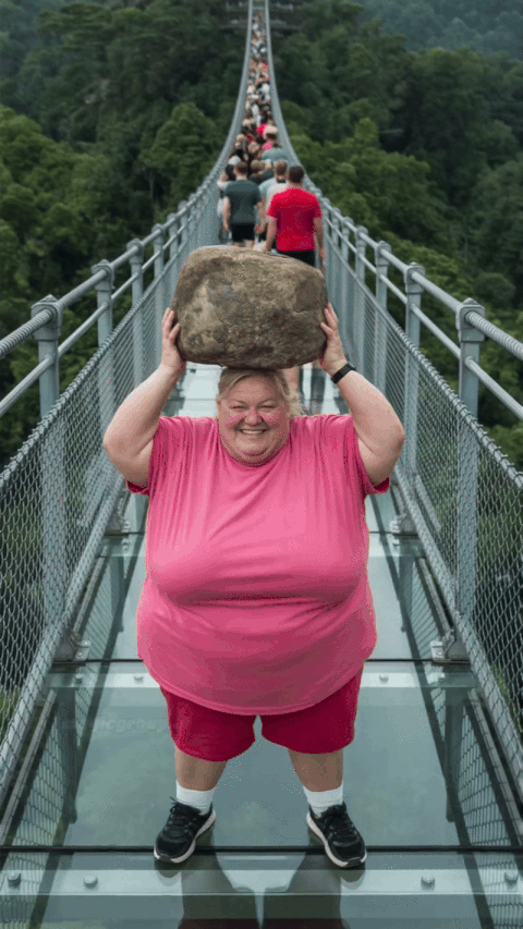 HD GIF of AI Lady With Rock Breaking Glass Bridge An HD "GIF":https://knowyourmeme.com/memes/cultures/gif of a woman in a pink shirt jumping backward with a big rock on a glass bridge to break the bridge from a viral "AI Video":https://knowyourmeme.com/memes/cultures/ai-video.