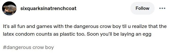 A Tumblr post by sixquarksinatrenchcoat. The post reads, "It's all fun and games with the dangerous crow boy til u realize that the latex condom counts as plastic too. Soon you'll be laying an egg."