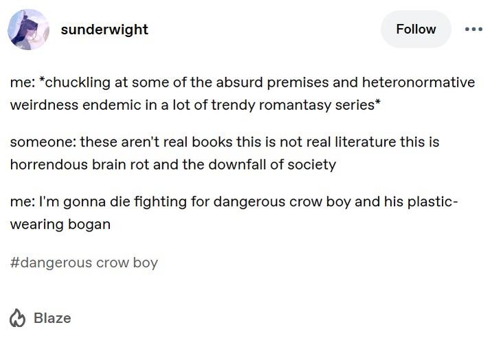 sunderwight Follow me: *chuckling at some of the absurd premises and heteronormative weirdness endemic in a lot of trendy romantasy series* someone: these aren't real books this is not real literature this is horrendous brain rot and the downfall of society me: I'm gonna die fighting for dangerous crow boy and his plastic- wearing bogan #dangerous crow boy Blaze