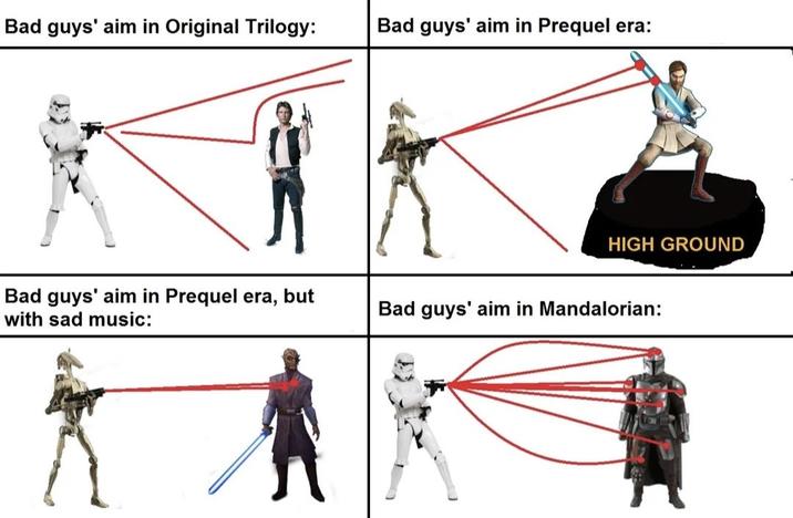 Bad guys' aim in Original Trilogy: Bad guys' aim in Prequel era: HIGH GROUND Bad guys' aim in Prequel era, but with sad music: Bad guys' aim in Mandalorian:
