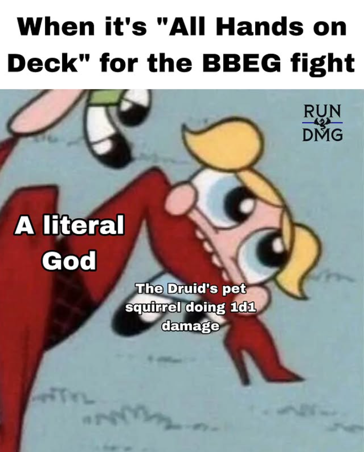 When it's "All Hands on Deck" for the BBEG fight A literal God WTYL The Druid's pet squirrel doing 1d1 damage RUN DMG