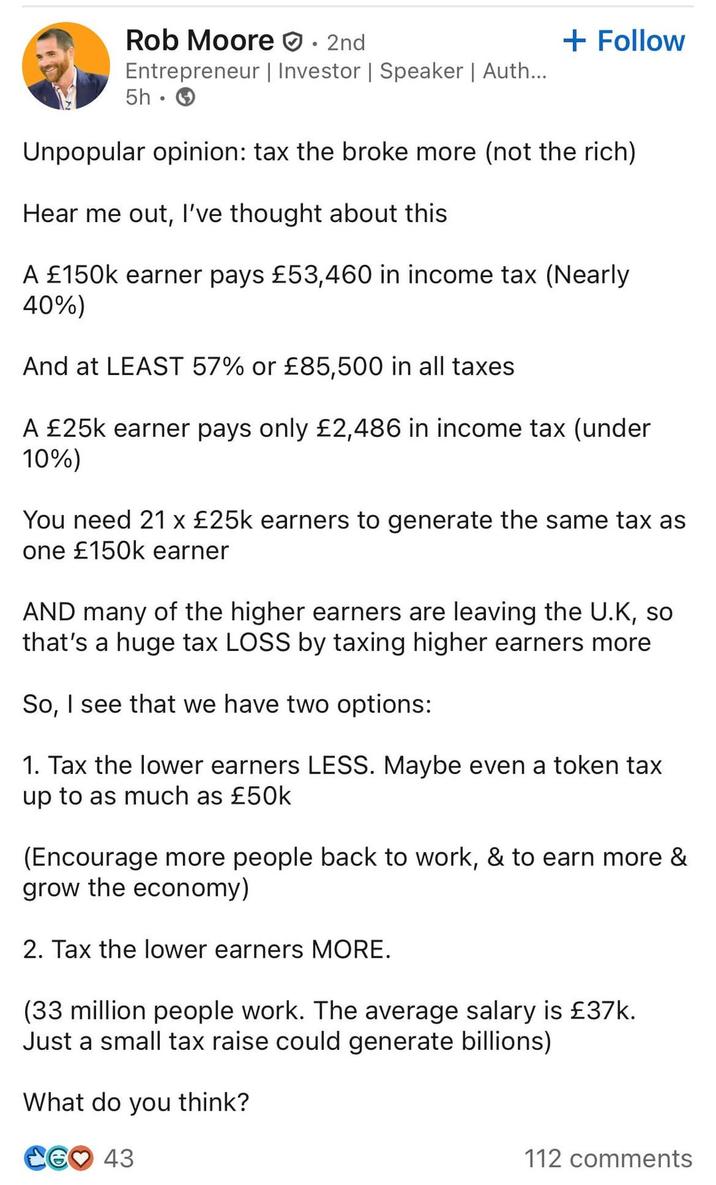 Rob Moore · 2nd • Entrepreneur | Investor | Speaker | Auth... 5h → + Follow Unpopular opinion: tax the broke more (not the rich) Hear me out, I've thought about this A £150k earner pays £53,460 in income tax (Nearly 40%) And at LEAST 57% or £85,500 in all taxes A £25k earner pays only £2,486 in income tax (under 10%) You need 21 x £25k earners to generate the same tax as one £150k earner AND many of the higher earners are leaving the U.K, so that's a huge tax LOSS by taxing higher earners more So, I see that we have two options: 1. Tax the lower earners LESS. Maybe even a token tax up to as much as £50k (Encourage more people back to work, & to earn more & grow the economy) 2. Tax the lower earners MORE. (33 million people work. The average salary is £37k. Just a small tax raise could generate billions) What do you think? CG 43 112 comments