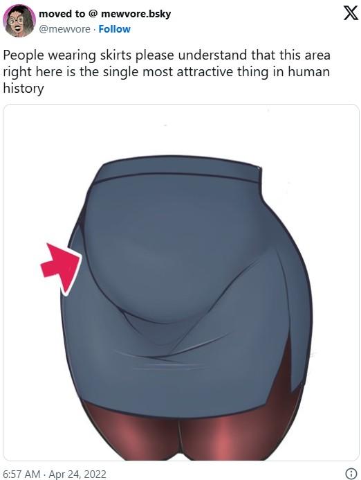 People wearing skirts please understand A post sharing a drawing of a Venus Tummy. The post reads, "People wearing skirts please understand that this area right here is the single most attractive thing in human history."