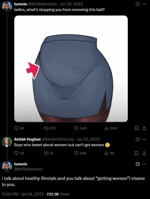 ladies, what’s stopping you from removing this ball? A post criticizing the Venus Tummy. The critic gets ratioed.