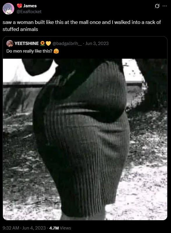 saw a woman built like this at the mall once and I walked into a rack of stuffed animals A tweet by @exarocket. The tweet reads, "saw a woman built like this at the mall once and I walked into a rack of stuffed animals."