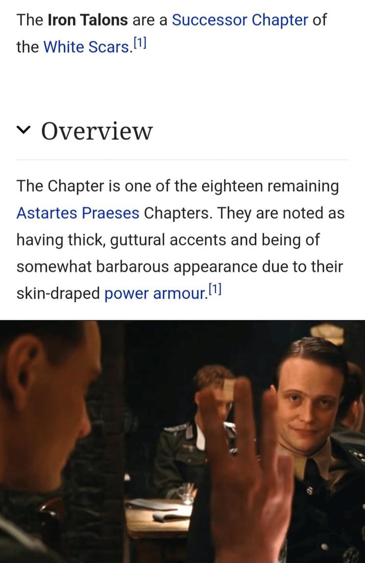 The Iron Talons are a Successor Chapter of the White Scars.[1] ✓ Overview The Chapter is one of the eighteen remaining Astartes Praeses Chapters. They are noted as having thick, guttural accents and being of somewhat barbarous appearance due to their skin-draped power armour.[1]