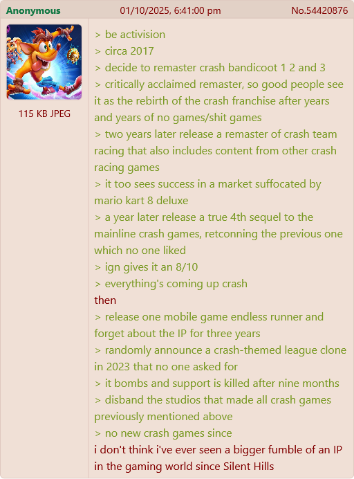 Anonymous 115 KB JPEG 01/10/2025, 6:41:00 pm No.54420876 > be activision > circa 2017 > decide to remaster crash bandicoot 12 and 3 > critically acclaimed remaster, so good people see it as the rebirth of the crash franchise after years and years of no games/s--- games > two years later release a remaster of crash team racing that also includes content from other crash racing games > it too sees success in a market suffocated by mario kart 8 deluxe > a year later release a true 4th sequel to the mainline crash games, retconning the previous one which no one liked >ign gives it an 8/10 > everything's coming up crash then > release one mobile game endless runner and forget about the IP for three years > randomly announce a crash-themed league clone in 2023 that no one asked for > it bombs and support is killed after nine months > disband the studios that made all crash games previously mentioned above > no new crash games since i don't think i've ever seen a bigger fumble of an IP in the gaming world since Silent Hills