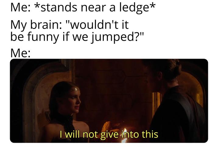 Me: *stands near a ledge* My brain: "wouldn't it be funny if we jumped?" Me: I will not give into this