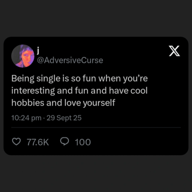 j @AdversiveCurse Being single is so fun when you're interesting and fun and have cool hobbies and love yourself 10:24 pm - 29 Sept 25 77.6K 100 X