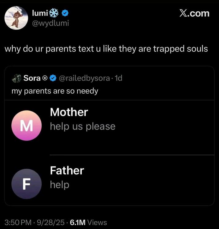 lumi ** @wydlumi X.com why do ur parents text u like they are trapped souls Sora @railedbysora. 1d my parents are so needy Mother M help us please F Father help 3:50 PM 9/28/25 6.1M Views