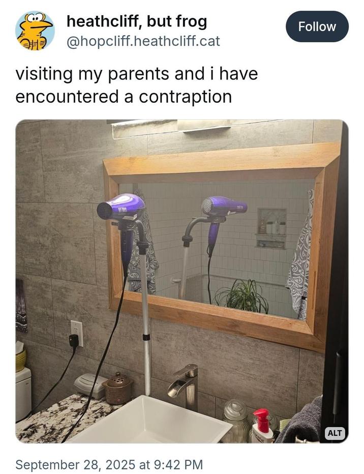 heathcliff, but frog @hopcliff.heathcliff.cat visiting my parents and i have encountered a contraption September 28, 2025 at 9:42 PM Follow ALT