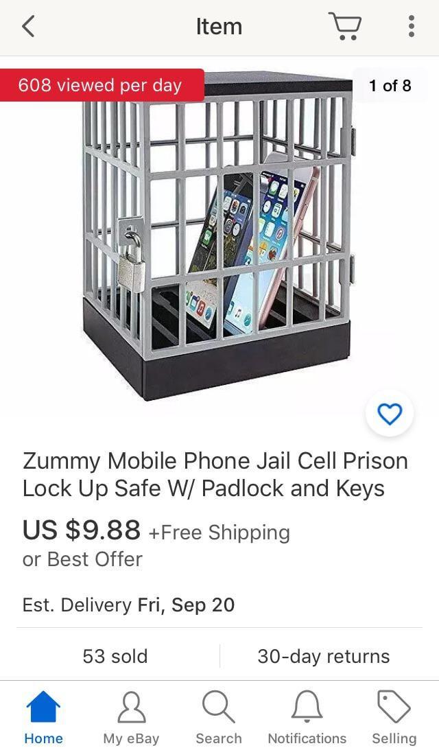 > 608 viewed per day Item D: 1 of 8 Zummy Mobile Phone Jail Cell Prison Lock Up Safe W/ Padlock and Keys US $9.88 +Free Shipping or Best Offer Est. Delivery Fri, Sep 20 53 sold 30-day returns Home My eBay Search Notifications Selling