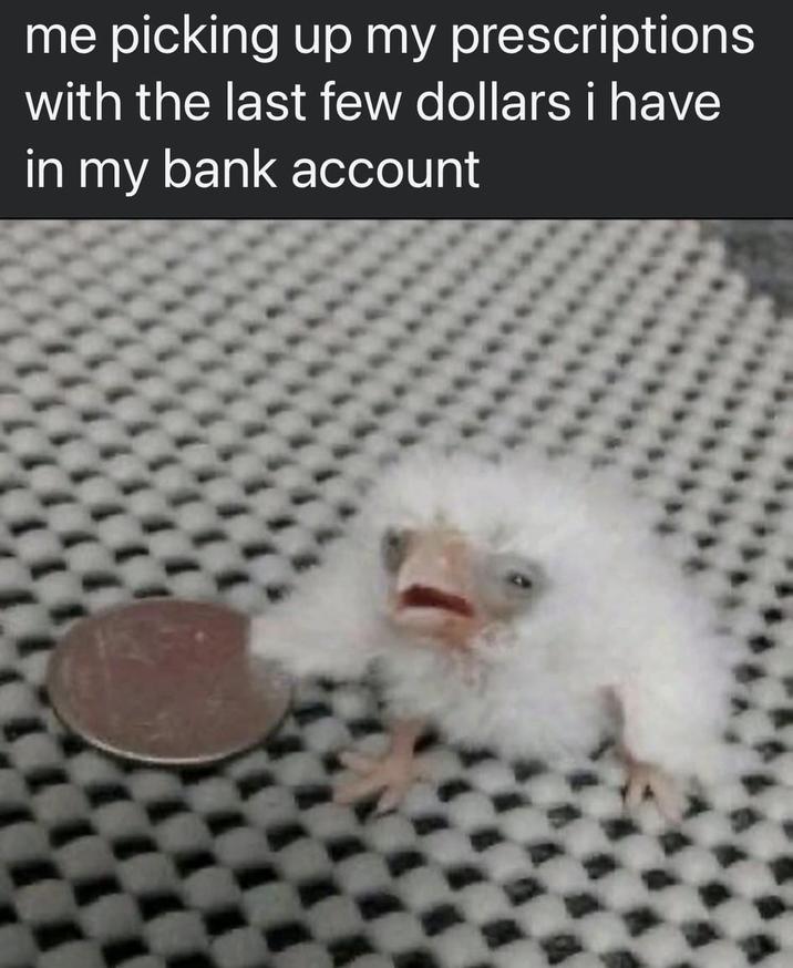 me picking up my prescriptions with the last few dollars i have in my bank account