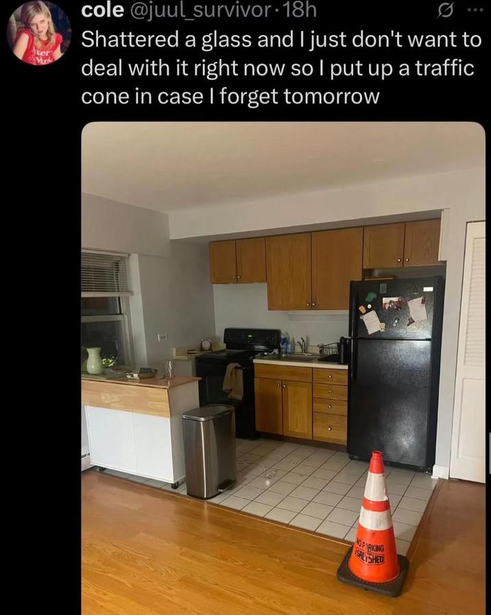 ver cole @juul_survivor-18h Shattered a glass and I just don't want to deal with it right now so I put up a traffic cone in case I forget tomorrow NO PARKING SALSHED