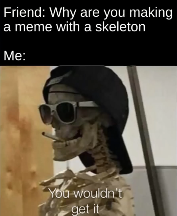 Friend: Why are you making a meme with a skeleton Me: You wouldn't get it