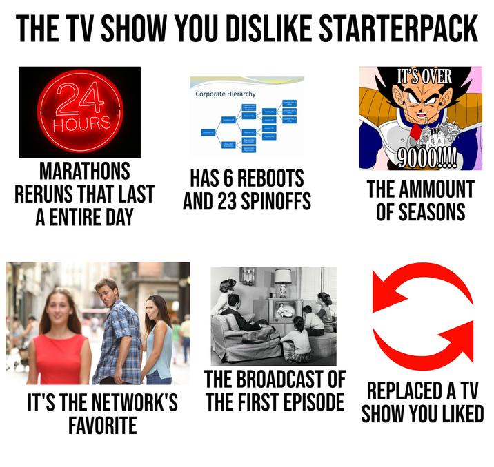 THE TV SHOW YOU DISLIKE STARTERPACK 24 HOURS MARATHONS RERUNS THAT LAST A ENTIRE DAY Corporate Hierarchy Carports 12 Suballery 1&0 Ognation f Country HQ Country PG AD Orgenization Regional 940 Ogan Country HQ Corporate She Corporate Ste Offe HAS 6 REBOOTS AND 23 SPINOFFS IT'S OVER 9000!!! THE AMMOUNT OF SEASONS IT'S THE NETWORK'S FAVORITE THE BROADCAST OF THE FIRST EPISODE REPLACED A TV SHOW YOU LIKED