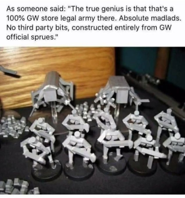 As someone said: "The true genius is that that's a 100% GW store legal army there. Absolute madlads. No third party bits, constructed entirely from GW official sprues."