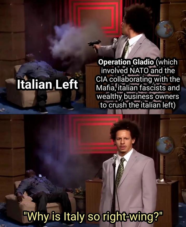 Italian Left Operation Gladio (which involved NATO and the CIA collaborating with the Mafia, italian fascists and wealthy business owners to crush the italian left) "Why is Italy so right-wing?"