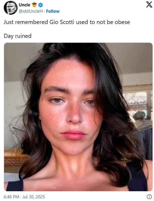 A post reading, "Just remembered Gio Scotti used to not be obese." The post is by @xbtUncleH.