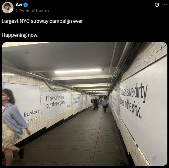 A tweet from Avi Schiffmann, the creator of Friend AI, about his company's NYC subway campaign, which he claims is the largest ever.