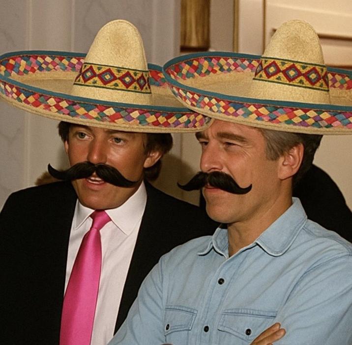 An edit of Trump and Epstein. They are both wearing sombreros.