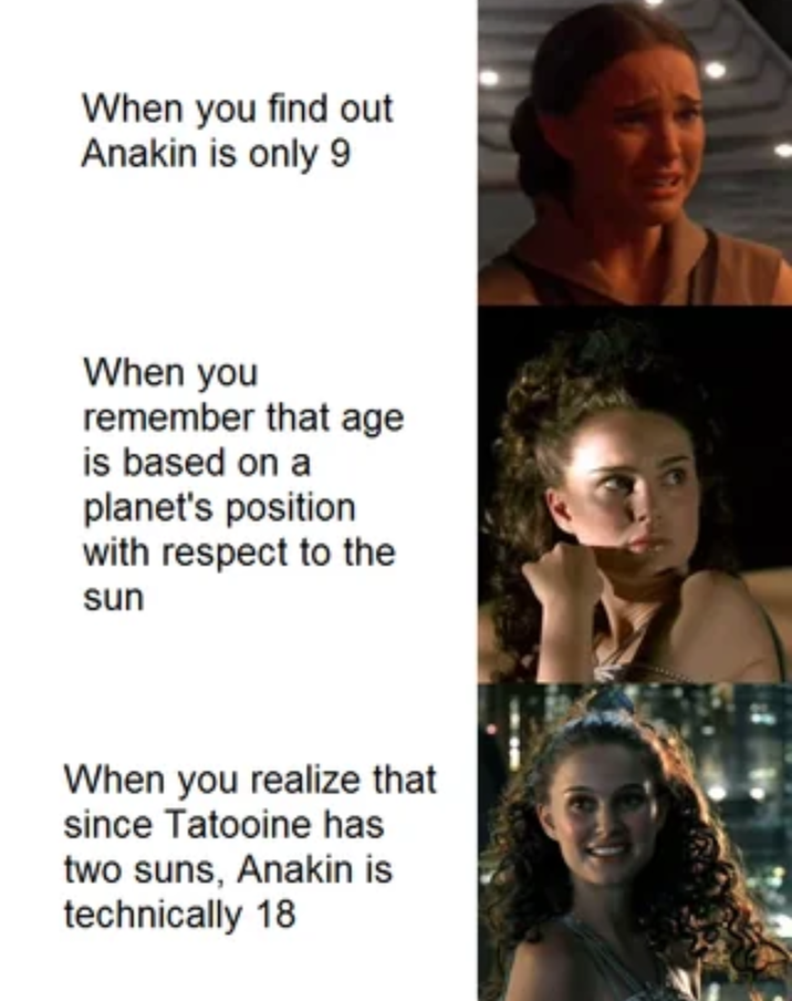 When you find out Anakin is only 9 When you remember that age is based on a planet's position with respect to the sun When you realize that since Tatooine has two suns, Anakin is technically 18