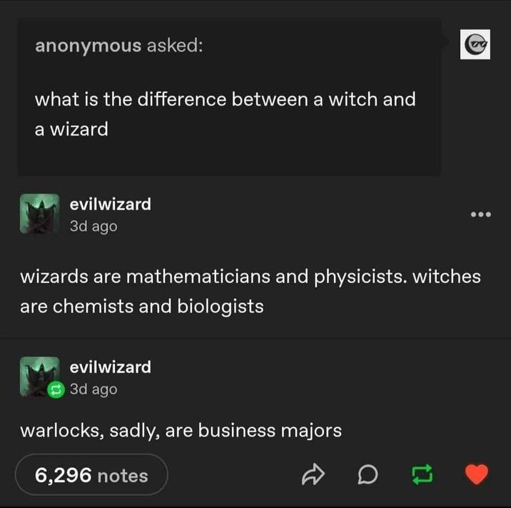 anonymous asked: what is the difference between a witch and a wizard evilwizard 3d ago wizards are mathematicians and physicists. witches are chemists and biologists evilwizard 3d ago warlocks, sadly, are business majors 6,296 notes A