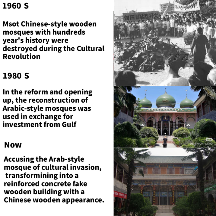 1960 S Msot Chinese-style wooden mosques with hundreds year's history were destroyed during the Cultural Revolution 1980 S In the reform and opening up, the reconstruction of Arabic-style mosques was used in exchange for investment from Gulf Now Accusing the Arab-style mosque of cultural invasion, transformining into a reinforced concrete fake wooden building with a Chinese wooden appearance. 何四旧猛烈开火。 PA 【小红书 小号 1477063431