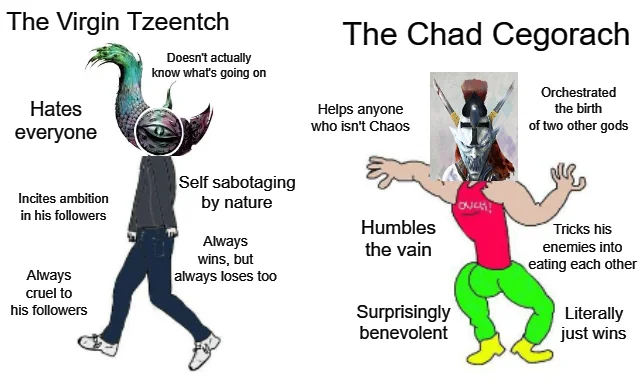 The Virgin Tzeentch Hates everyone The Chad Cegorach Doesn't actually know what's going on Helps anyone who isn't Chaos Orchestrated the birth of two other gods Incites ambition in his followers Always cruel to his followers Self sabotaging by nature Always wins, but always loses too Humbles the vain OUCH! Tricks his enemies into eating each other Surprisingly benevolent Literally just wins