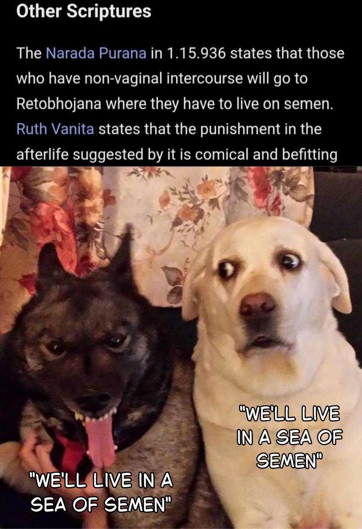 Other Scriptures The Narada Purana in 1.15.936 states that those who have non-vaginal intercourse will go to Retobhojana where they have to live on semen. Ruth Vanita states that the punishment in the afterlife suggested by it is comical and befitting "WE'LL LIVE IN A SEA OF SEMEN" "WE'LL LIVE IN A SEA OF SEMEN"