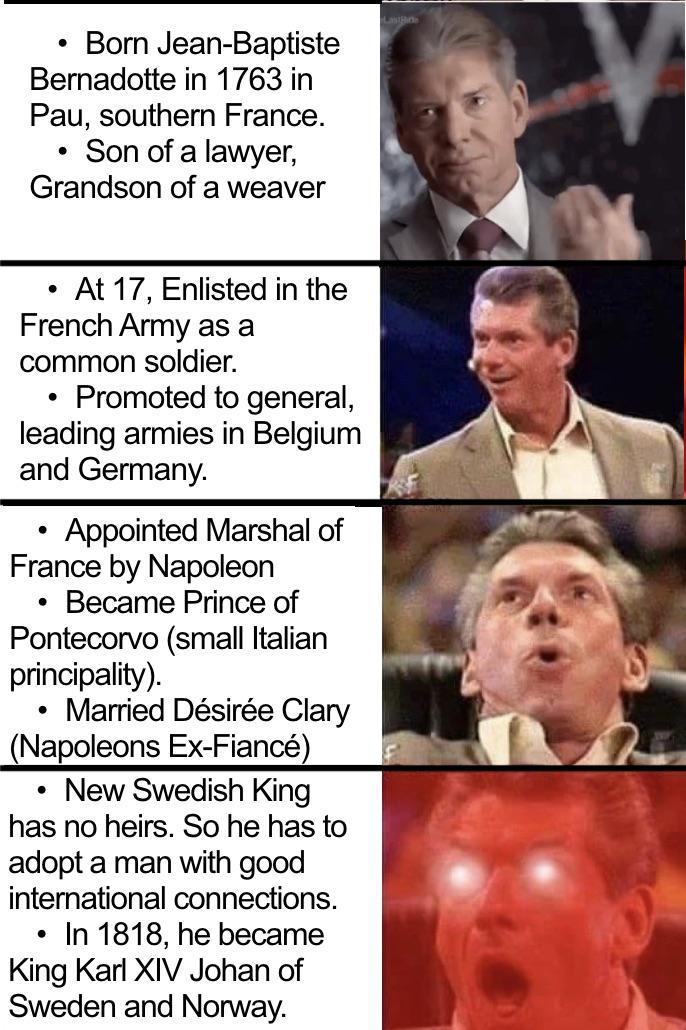 • Born Jean-Baptiste Bernadotte in 1763 in Pau, southern France. • Son of a lawyer, Grandson of a weaver • At 17, Enlisted in the French Army as a common soldier. • Promoted to general, leading armies in Belgium and Germany. • Appointed Marshal of France by Napoleon • Became Prince of Pontecorvo (small Italian principality). • Married Désirée Clary (Napoleons Ex-Fiancé) . New Swedish King has no heirs. So he has to adopt a man with good international connections. In 1818, he became King Karl XIV Johan of Sweden and Norway. . LastBide