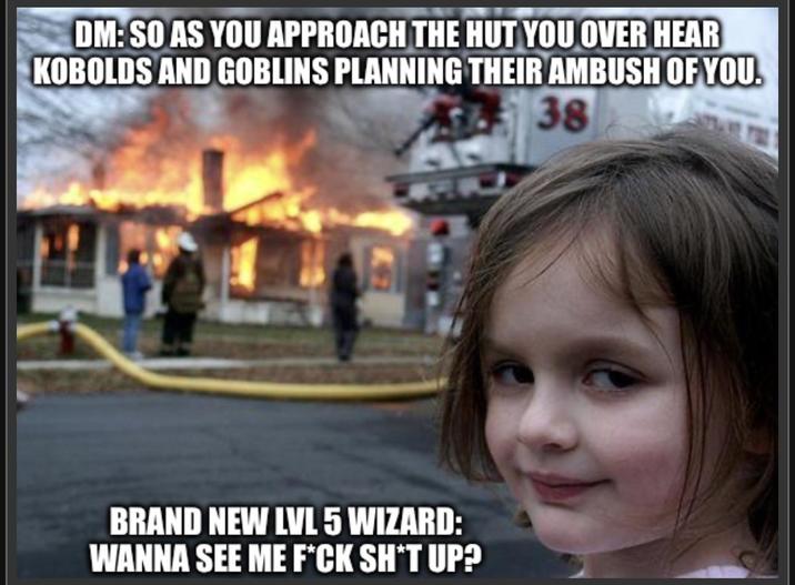 DM:SO AS YOU APPROACH THE HUT YOU OVER HEAR KOBOLDS AND GOBLINS PLANNING THEIR AMBUSH OF YOU. 38 BRAND NEW LVL 5 WIZARD: WANNA SEE ME F*CK SH*T UP?