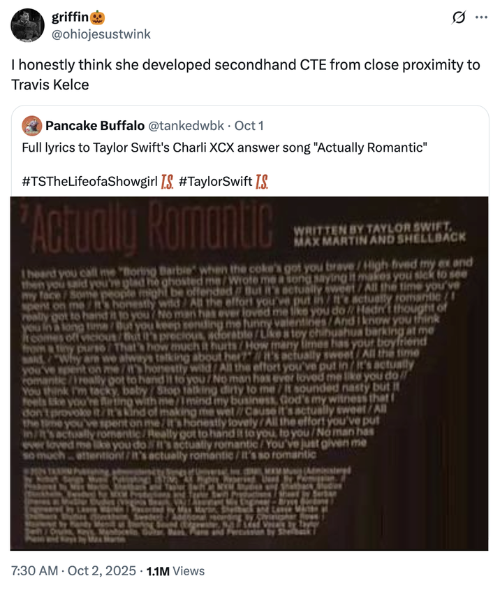 Tweet that reads, "I honestly think she developed secondhand CTE from close proximity to Travis Kelce."
