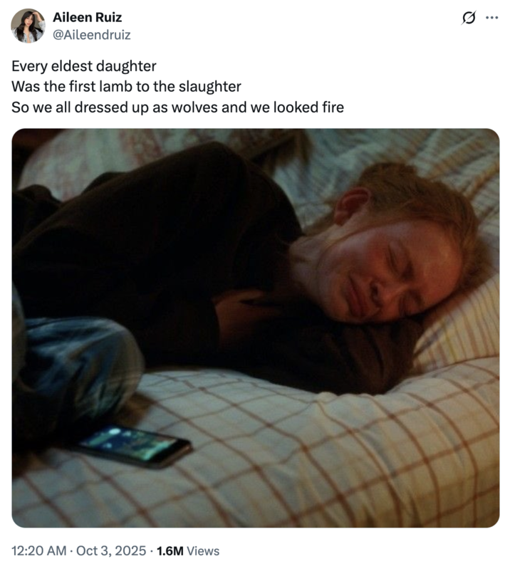 X user @Aileendruiz posted an image of a crying Emma Watson alongside lyrics from Taylor Swift's song "Eldest Daughter," "Every eldest daughter / Was the first lamb to the slaughter / So we all dressed up as wolves and we looked fire."