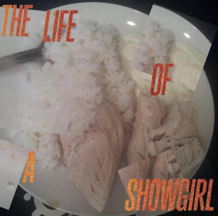 _Life of a Showgirl_ album cover parody depicting plain rice and boiled chicken.