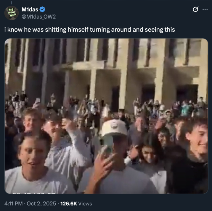 M1das @M1das_OW2 i know he was s------- himself turning around and seeing this • 4:11 PM • Oct 2, 2025 · 126.6K Views