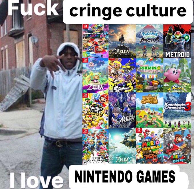 F--- cringe culture MARIOKA COELUXE ELDA PokeMoy ARCEUS LEGENDS METROID GB ELDA SUPER MARIO PARTY JAMBOREE PIKMIN4 Splato Kirby Animal Crossing Xenoblade Chronicles SUPER SMASH BRS ZELDA SUPER MARIO 3DWORLD FUR I love NINTENDO GAMES ODYSSE