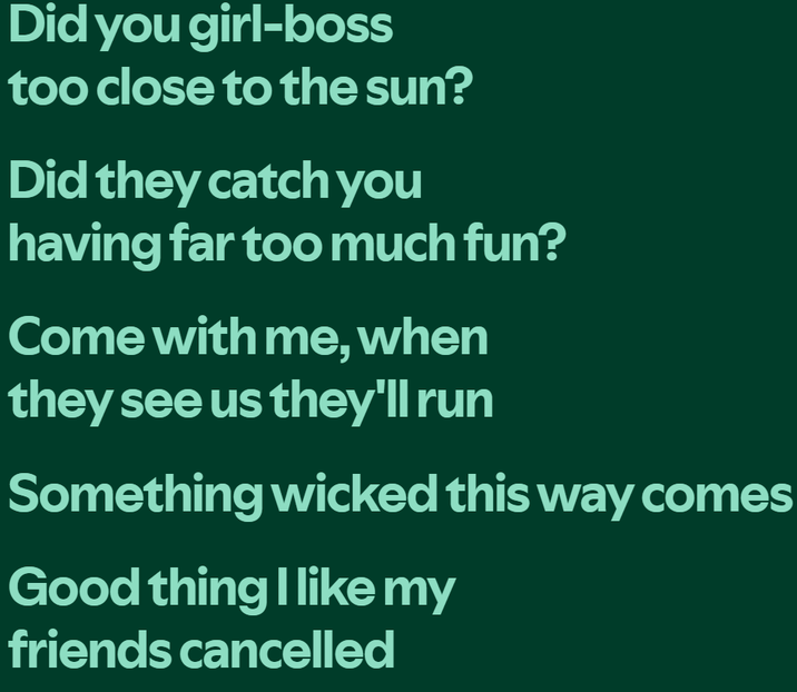 Did you girl-boss too close to the sun? Did they catch you having far too much fun? Come with me, when they see us they'll run Something wicked this way comes Good thing I like my friends cancelled