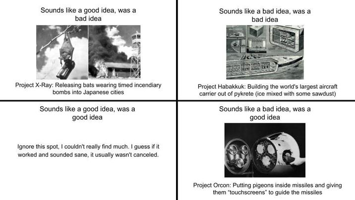 Sounds like a good idea, was a bad idea Sounds like a bad idea, was a bad idea Project X-Ray: Releasing bats wearing timed incendiary bombs into Japanese cities Sounds like a good idea, was a good idea Project Habakkuk: Building the world's largest aircraft carrier out of pykrete (ice mixed with some sawdust) Sounds like a bad idea, was a good idea Ignore this spot, I couldn't really find much. I guess if it worked and sounded sane, it usually wasn't canceled. Project Orcon: Putting pigeons inside missiles and giving them "touchscreens" to guide the missiles
