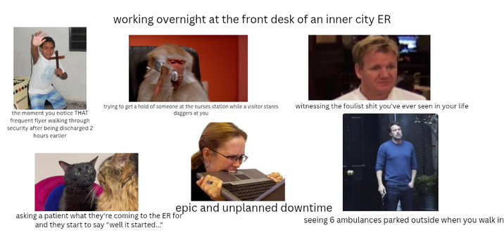 www working overnight at the front desk of an inner city ER the moment you notice THAT frequent flyer walking through security after being discharged 2 hours earlier trying to get a hold of someone at the nurses station while a visitor stares daggers at you witnessing the foulist s--- you've ever seen in your life epic and unplanned downtime asking a patient what they're coming to the ER for and they start to say "well it started..." seeing 6 ambulances parked outside when you walk in