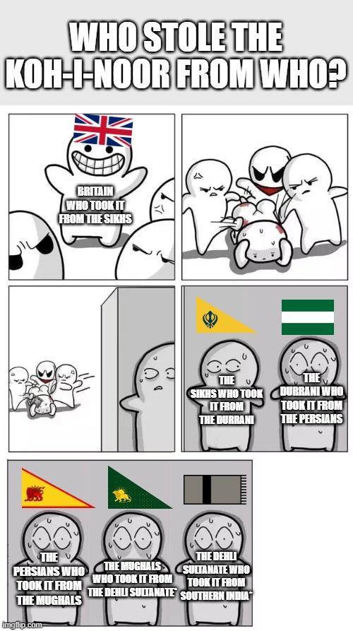 WHO STOLE THE KOH-I-NOOR FROM WHO? BRITAIN WHO TOOK IT FROM THE SIKHS THE SIKHS WHO TOOK THE DURRANI WHO TOOK IT FROM IT FROM THE DURRANI THE PERSIANS THE PERSIANS WHO TOOK IT FROM THE MUGHALS imgflip.com THE MUGHALS WHO TOOK IT FROM THE DEHLI SULTANATE THE DEHLI SULTANATE WHO TOOK IT FROM SOUTHERN INDIA