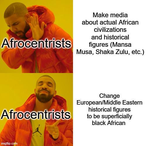 Afrocentrists Make media about actual African civilizations and historical figures (Mansa Musa, Shaka Zulu, etc.) Afrocentrists Change European/Middle Eastern historical figures to be superficially black African imgflip.com