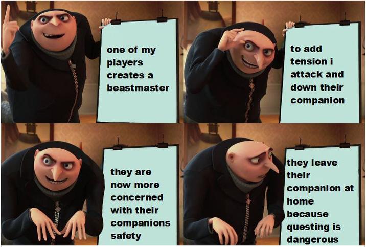 one of my players creates a beastmaster to add tension i attack and down their companion M they are now more concerned with their companions safety they leave their companion at home because questing is dangerous