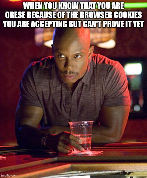 WHEN YOU KNOW THAT YOU ARE OBESE BECAUSE OF THE BROWSER COOKIES YOU ARE ACCEPTING BUT CAN'T PROVE IT YET imgflip.com