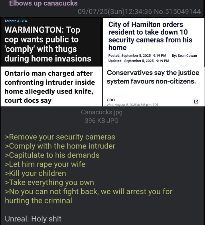 Elbows up canacucks Toronto & GTA 09/07/25(Sun)12:34:36 No.515049144 WARMINGTON: Top cop wants public to 'comply' with thugs during home invasions Ontario man charged after confronting intruder inside home allegedly used knife, court docs say City of Hamilton orders resident to take down 10 security cameras from his home Posted: September 5, 2025 | 9:19 PM By: Sean Cowan Updated: September 5, 2025 | 9:19 PM Conservatives say the justice system favours non-citizens. CBC [☑ Wed, August 13, 2025 at 3:18 p.m. EDT Canacucks.jpg 396 KB JPG >Remove your security cameras >Comply with the home intruder >Capitulate to his demands >Let him r--- your wife >Kill your children >Take everything you own >No you can not fight back, we will arrest you for hurting the criminal Unreal. H--------